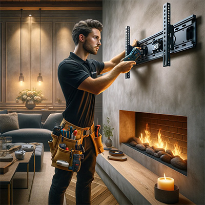 Tv mounting technician mounting a tv abobe a fireplace