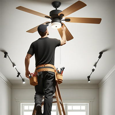 Artesoft electrician is captured during the precise installation of a ceiling fan for a new customer