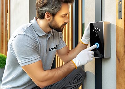 Artesoft technician installing a smart video doorbell at a residential home