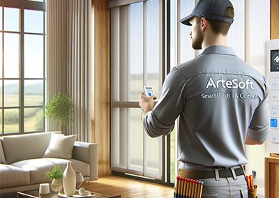 Artesoft technician installing smart blinds and curtain control in a home