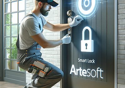 Artesoft technician installing smart locks at a residence
