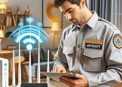 Artesoft technician optimizing a home network and Wi-Fi system