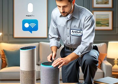 Artesoft technician setting up a home voice assistant system
