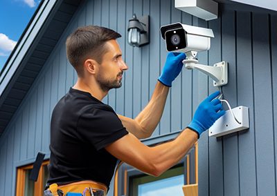 smart home installation technician installing a security camera outside a modern home